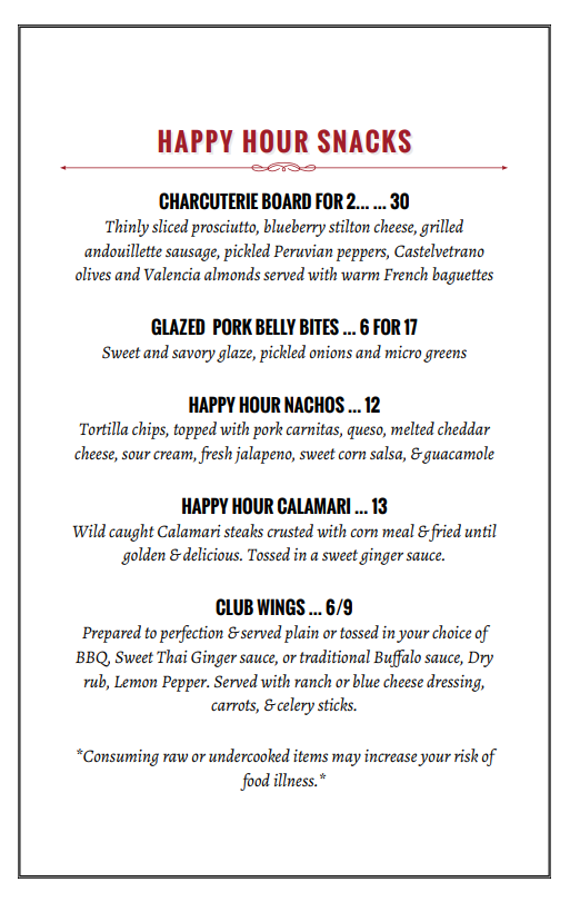Remington's Happy Hour menu. Includes drink and snack options with prices listed.