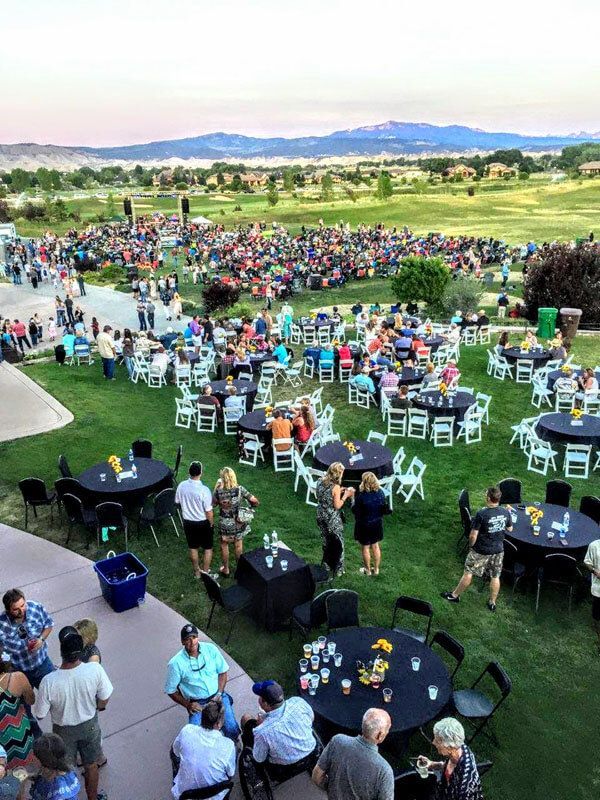 Outdoor concert: People seated at tables on grass, crowd in background, mountains, sky.