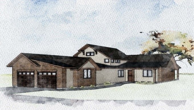 Watercolor rendering of a brown house with a garage and a tree, against a cloudy sky.