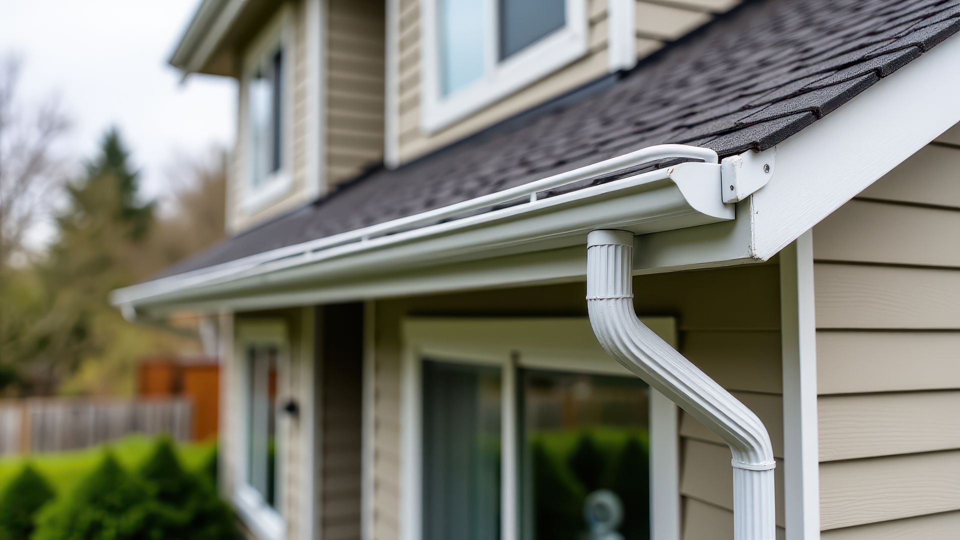 A person in an orange helmet installing a gutter on a roof.