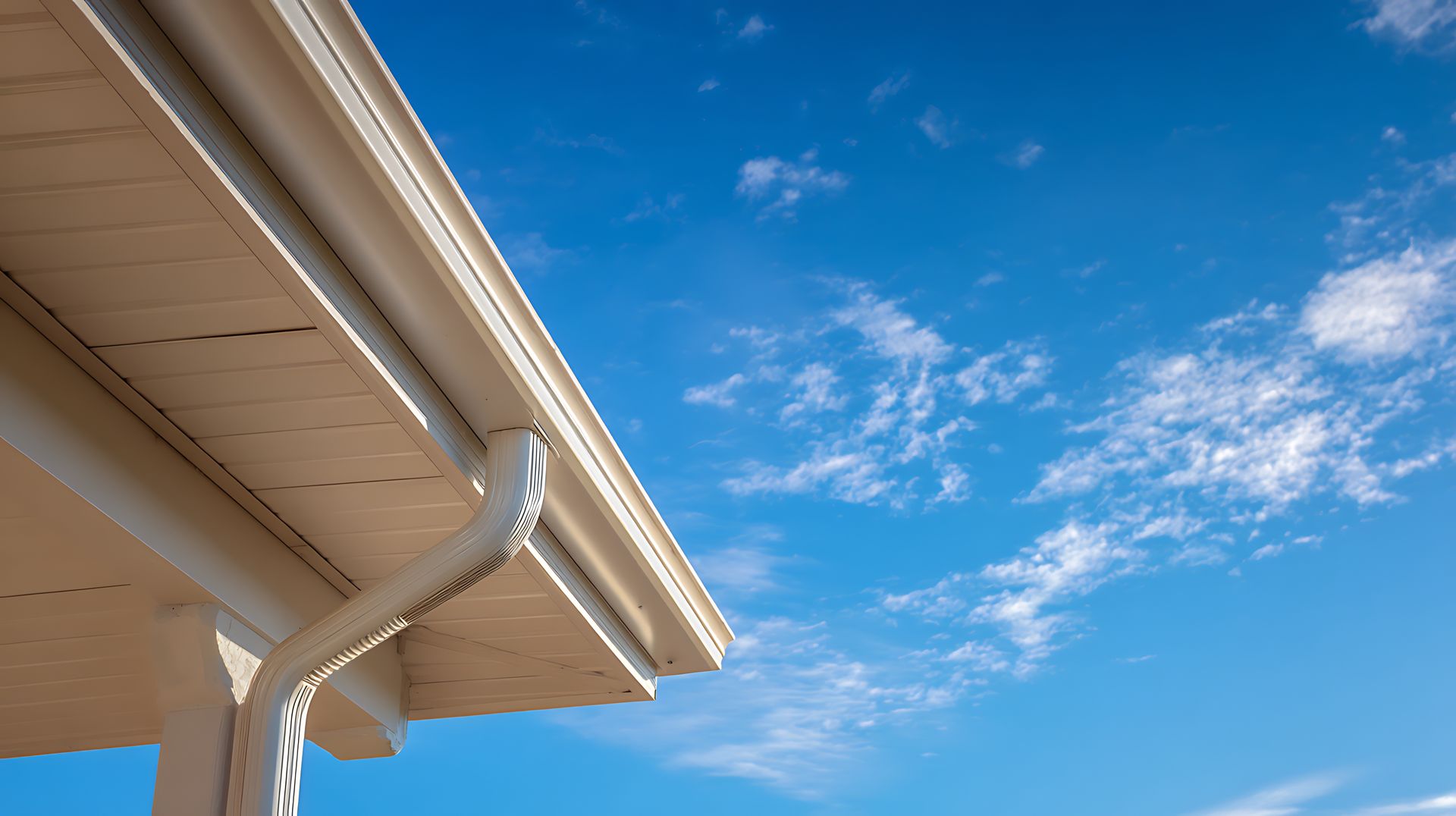 Red metal roof with white gutters and a chimney.