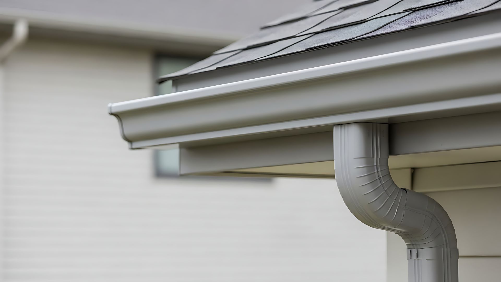 Corner of a house with dark roof, gutters, and trim against a blue sky.