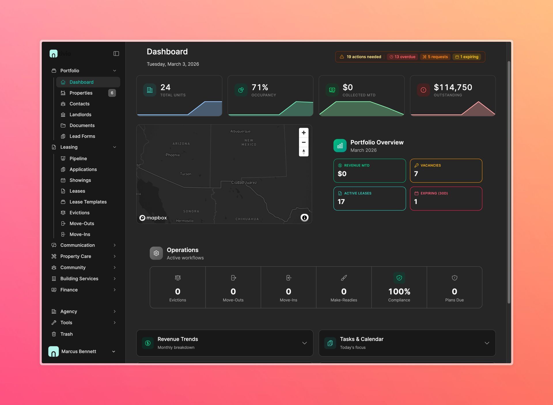 Dashboard interface with dark theme and data visualizations.