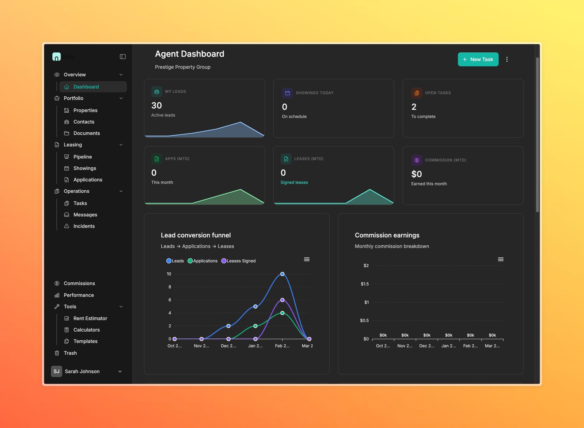 Agent dashboard with dark theme and data visualizations.