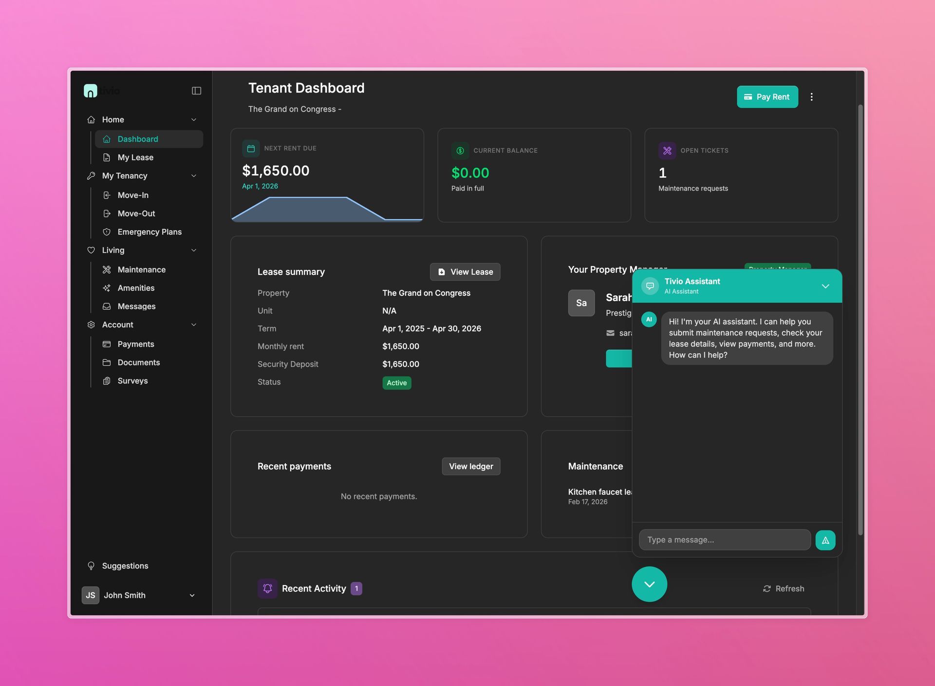 Dark-themed dashboard with data visualization, user stats, and a chat interface; teal accents.