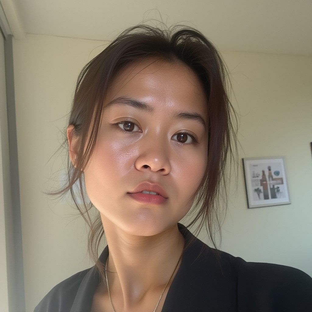 Woman with dark hair, looking at the camera, wearing a black blazer, in a room with a painting.