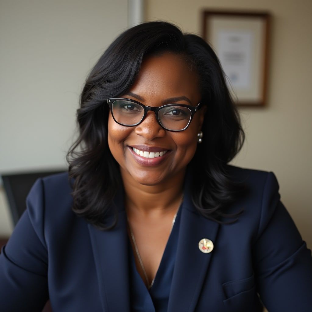 Woman wearing glasses and a navy blazer smiles at the camera.