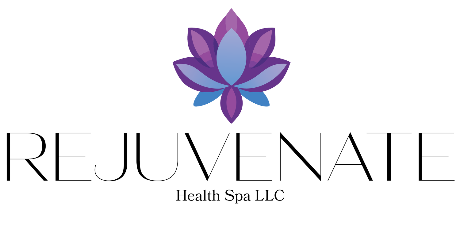 A logo for rejuvenate health spa llc with a purple lotus flower.