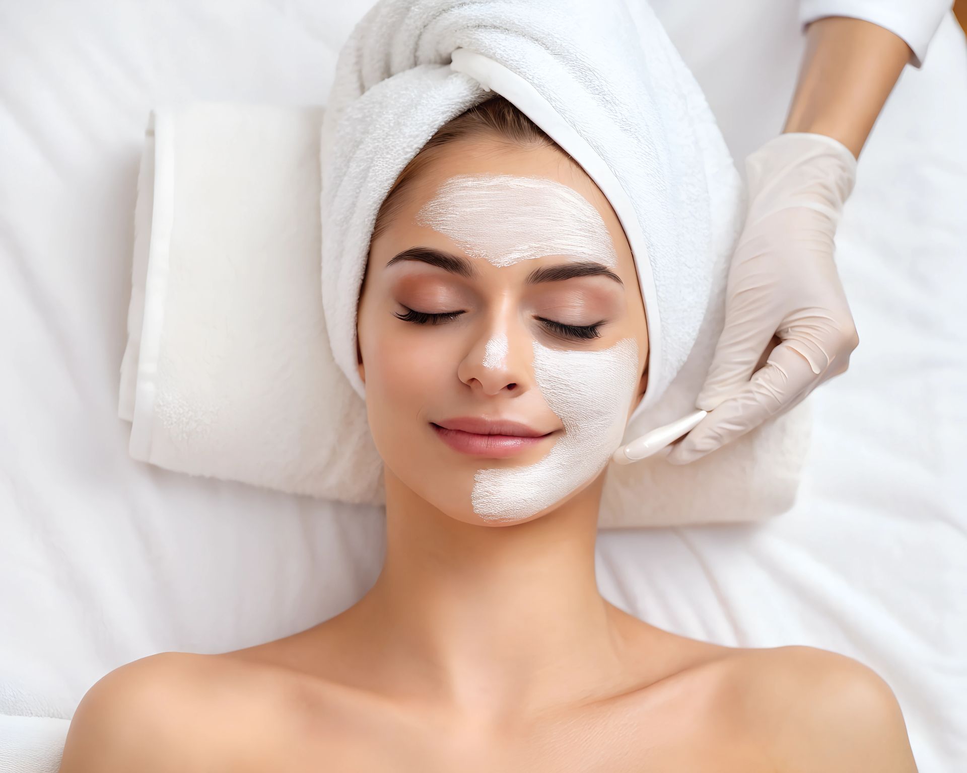 Woman receiving facial treatment, half of face covered in cream, hand applying with cotton swab.