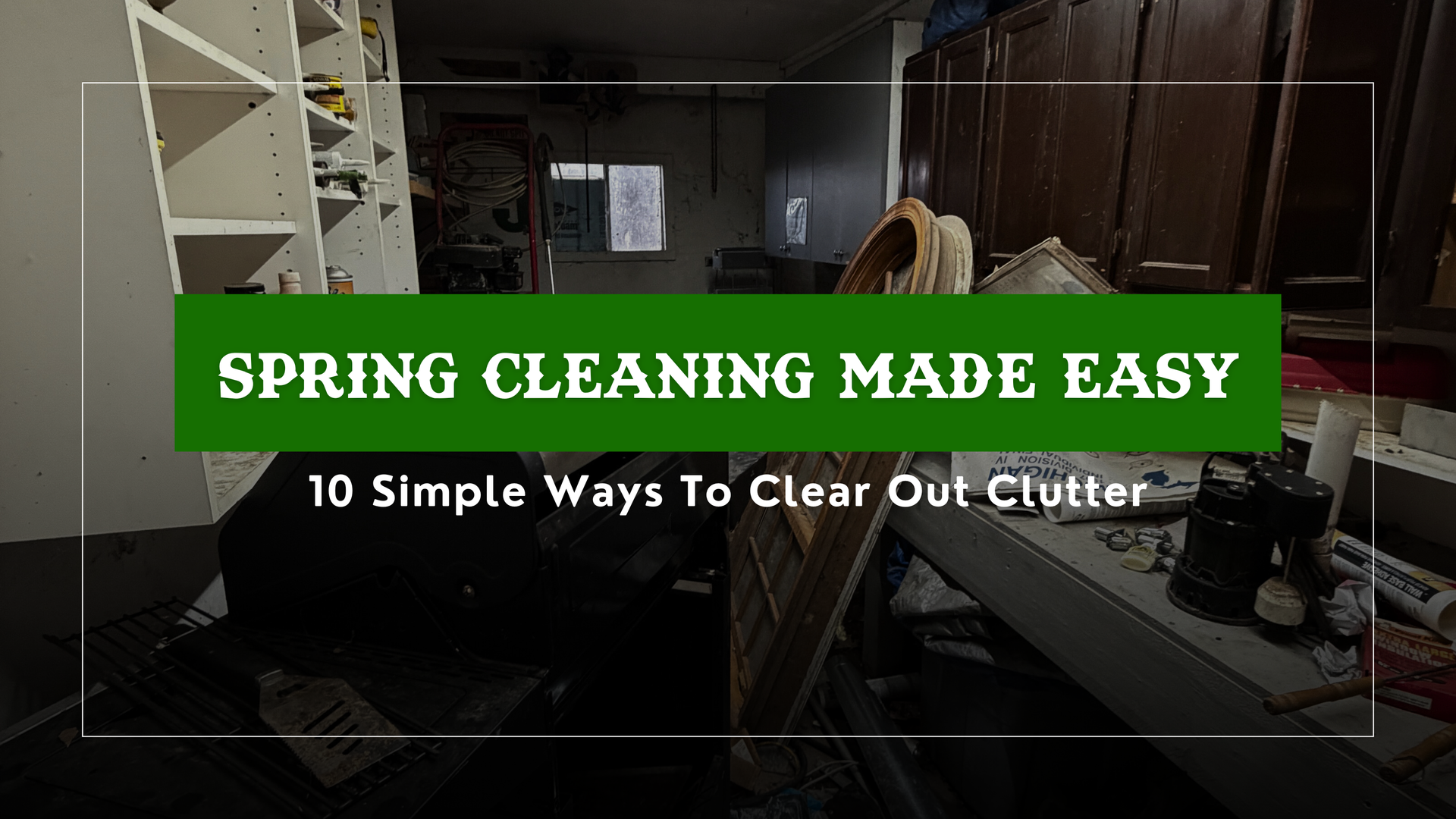 Cluttered storage area with text overlay: 