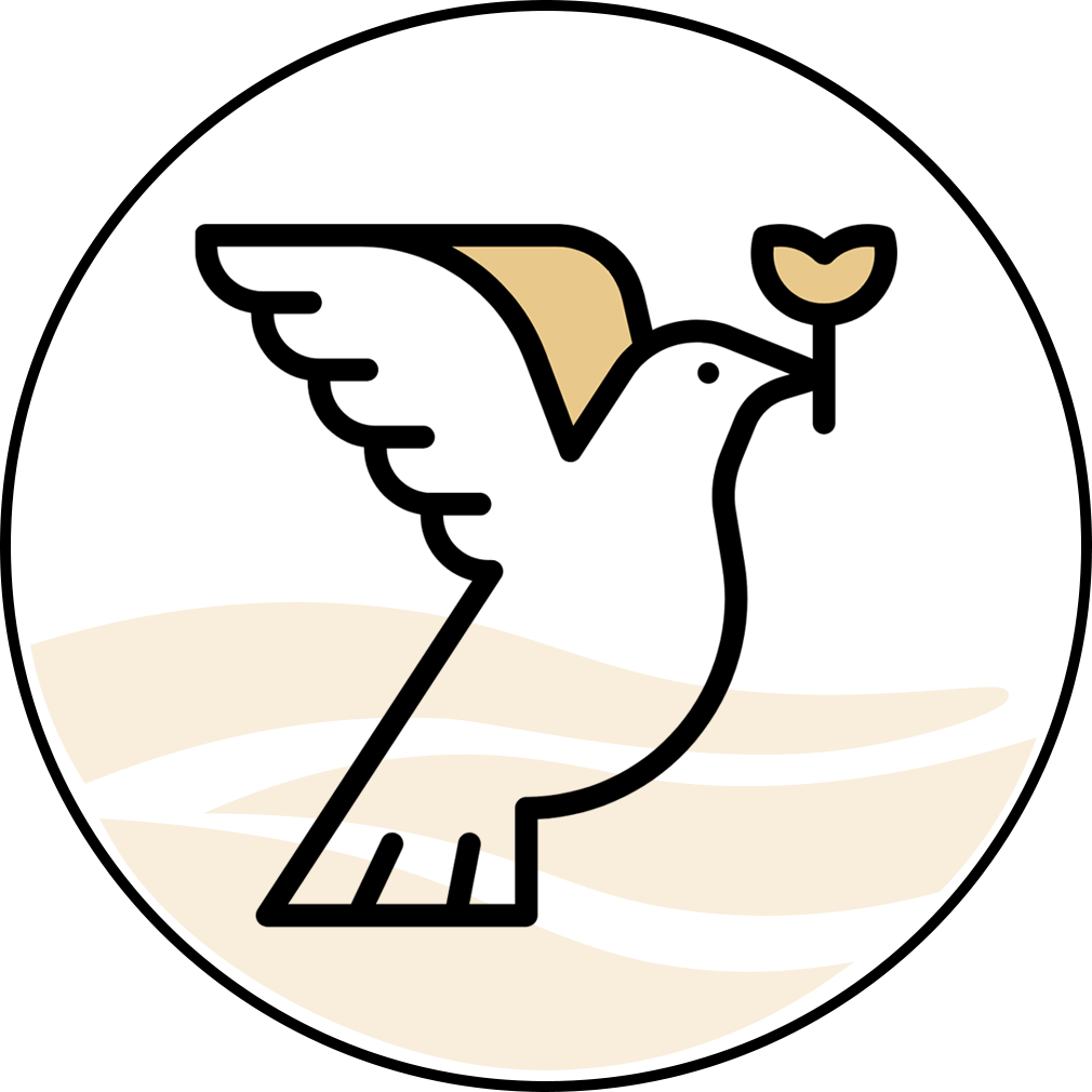A white dove is holding a heart in its beak in a circle.