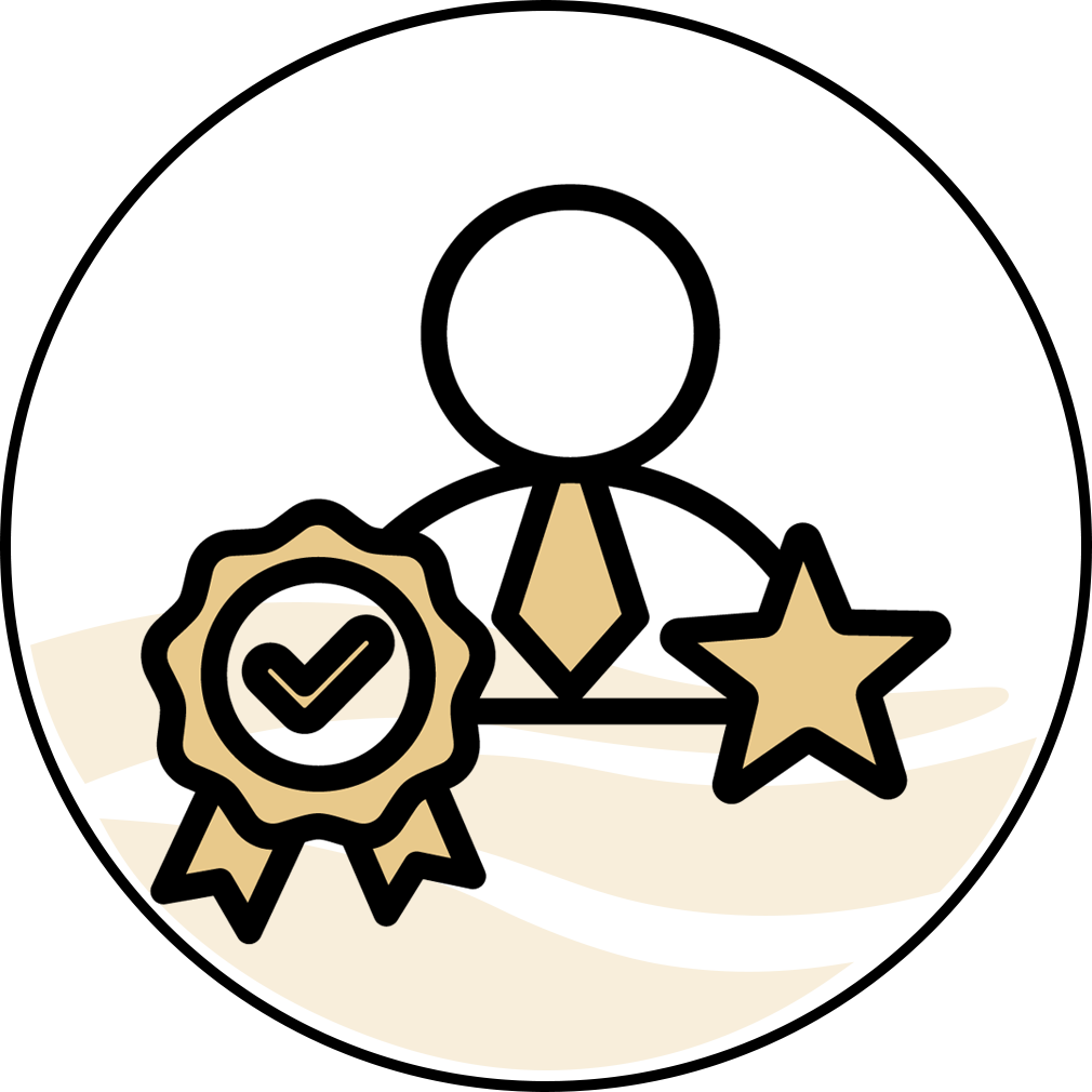 An icon of a man with a tie , a ribbon , and two stars.