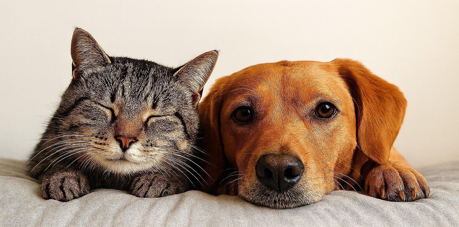 A cat and a dog are laying on top of each other in the grass.