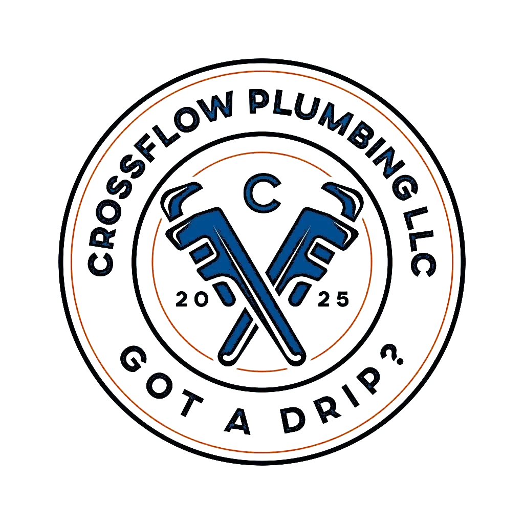 Crossflow Plumbing LLC logo: Blue crossed wrenches, surrounded by text on a circular badge.