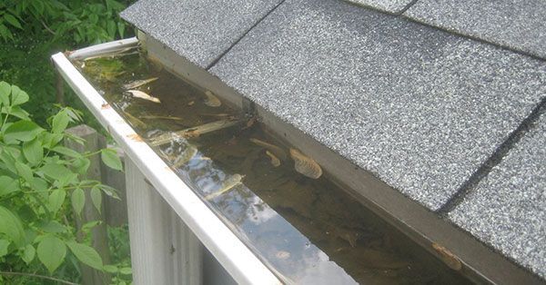 A close up of a gutter on a roof with water coming out of it.