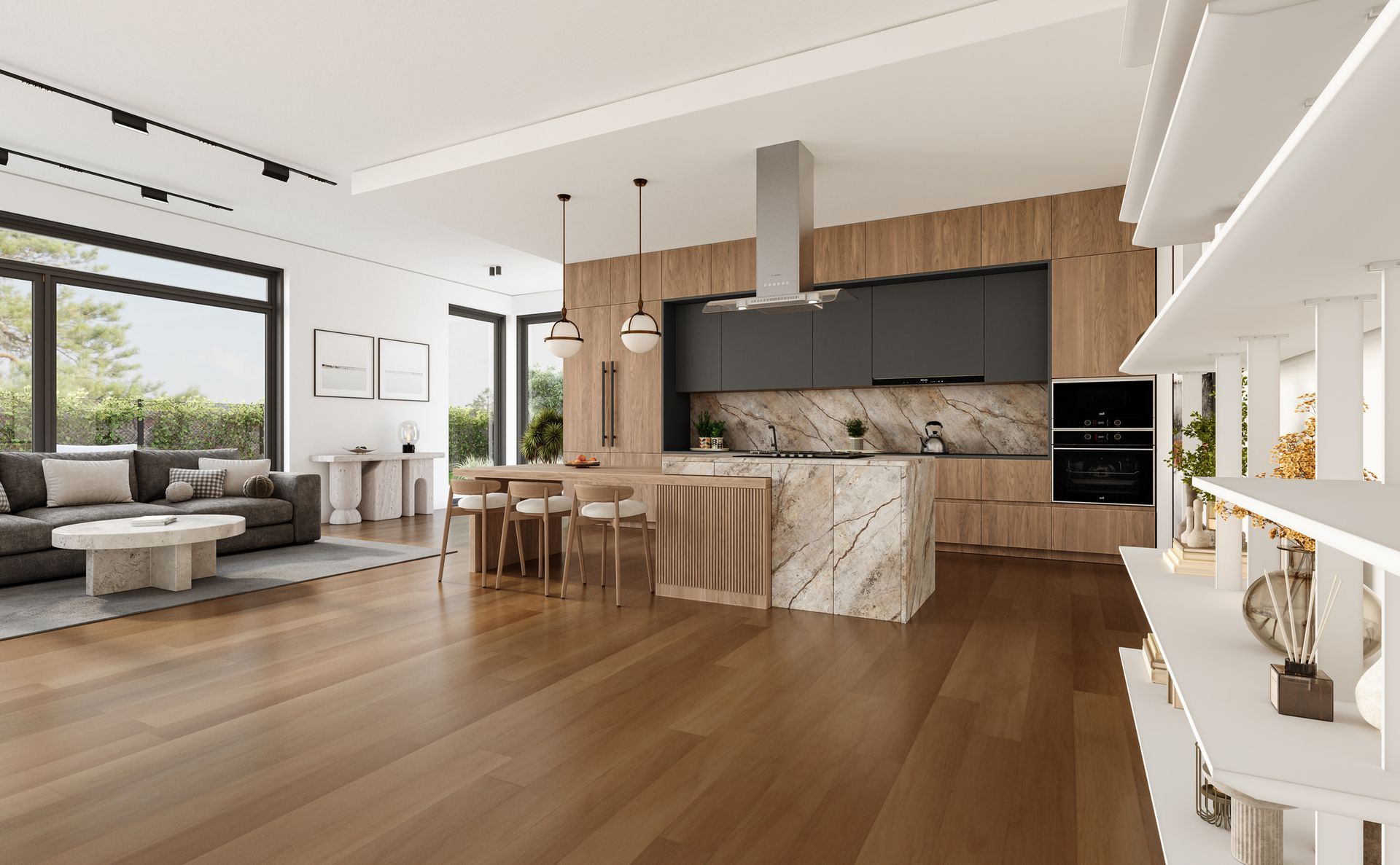 Modern open-plan kitchen and living room with wood floors and stylish furniture.