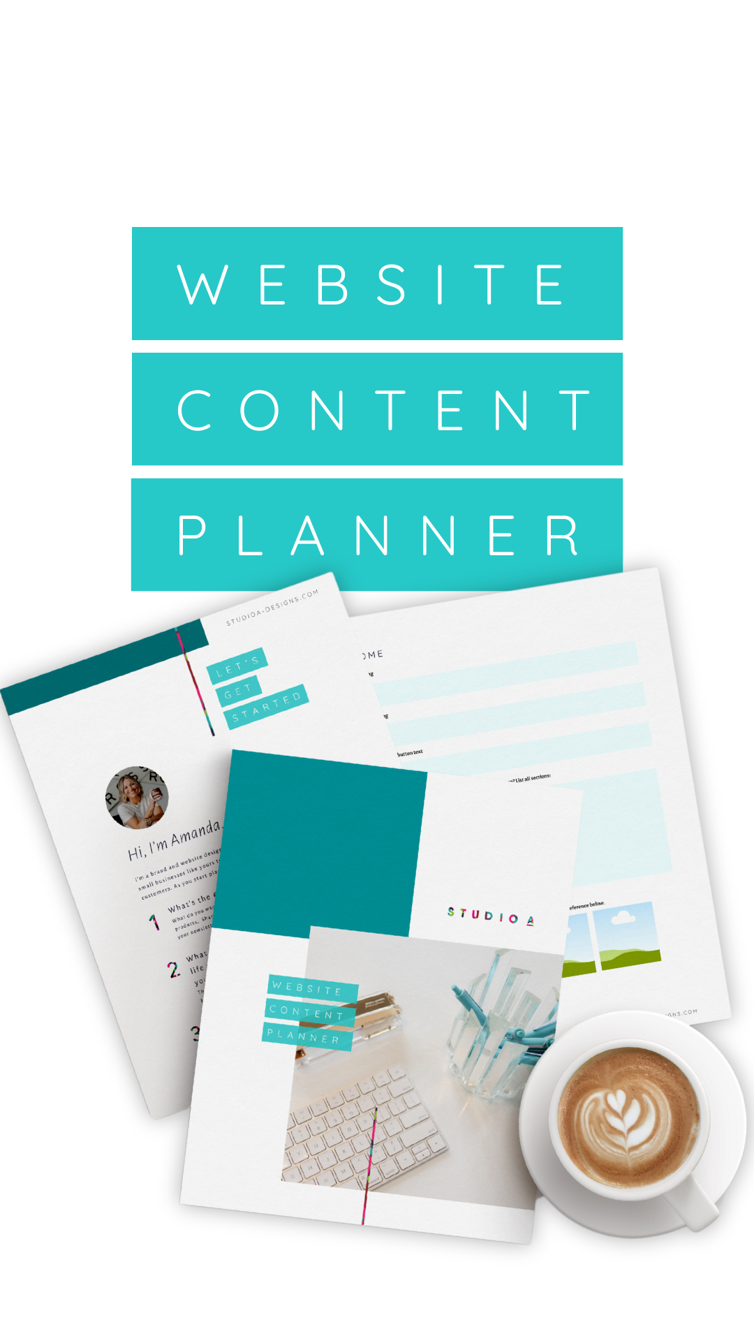 A website content planner is sitting on top of a table next to a cup of coffee.