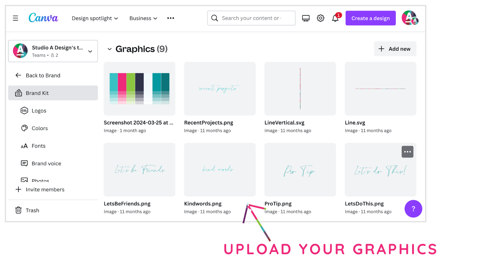 A screenshot of canva that says upload your graphics