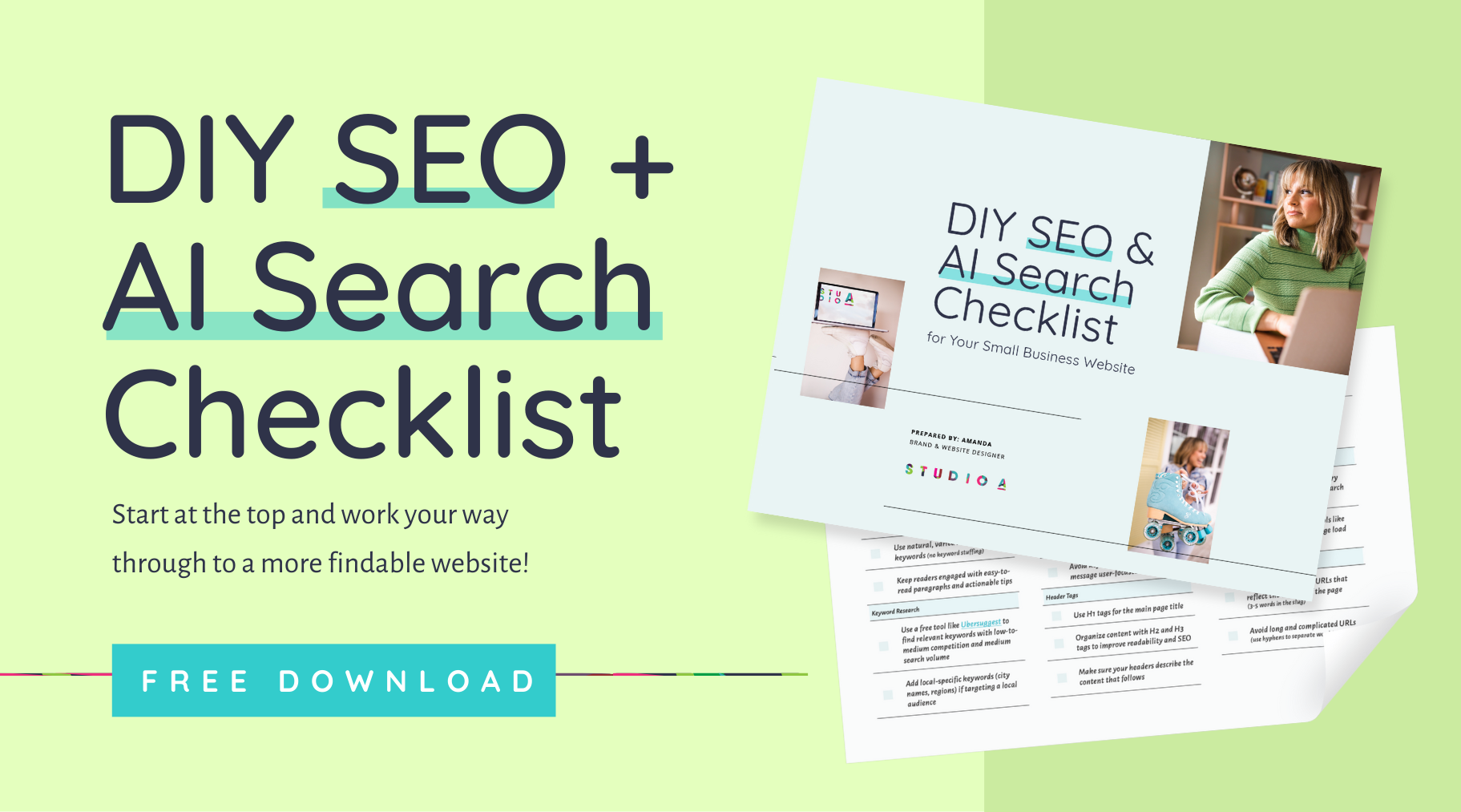 A free diy seo checklist with a picture of a woman sitting at a desk with a laptop.