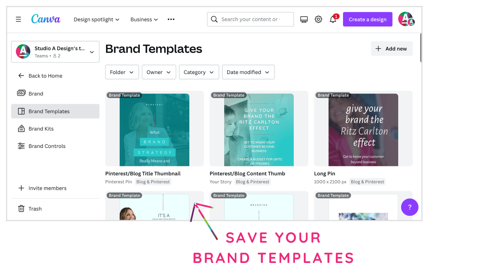 A screenshot of canva where you can save your brand templates.