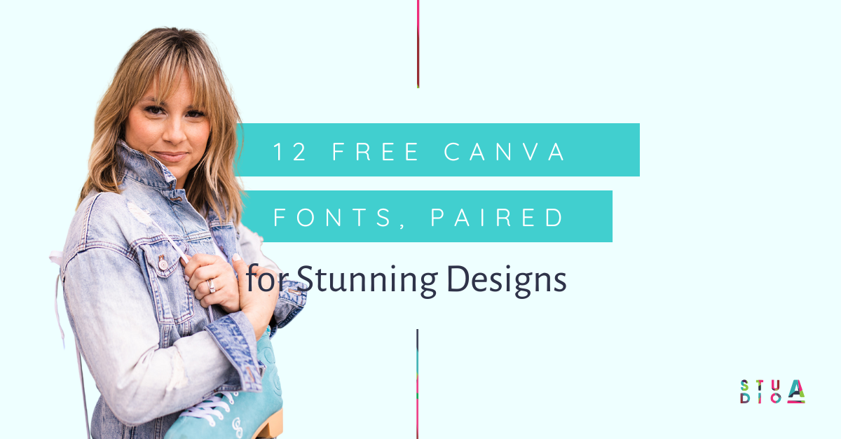 A woman is standing in front of a banner that says `` 10 free canva fonts , paired for stunning designs ''.