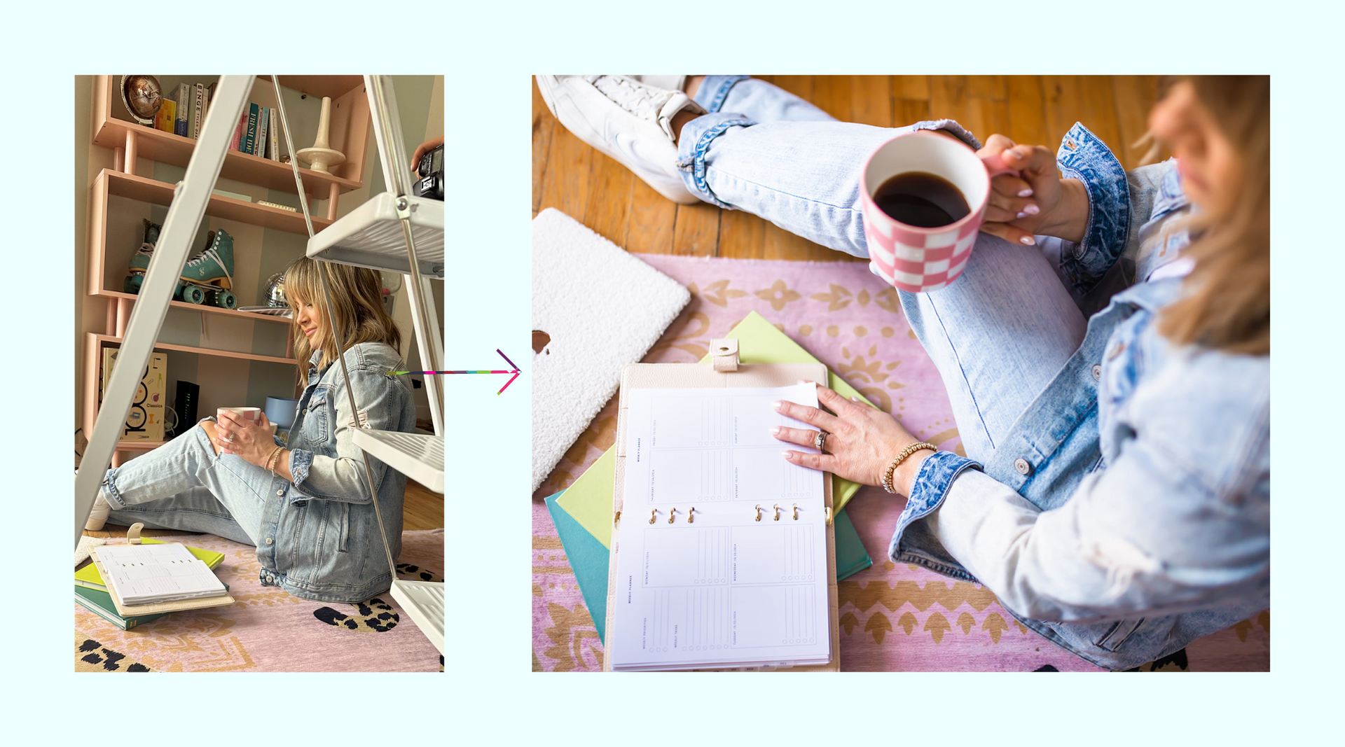 A woman is sitting on the floor holding a cup of coffee.