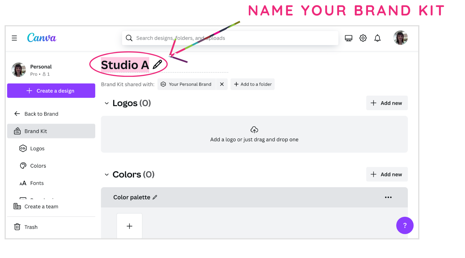 A screenshot of a website showing how to name your brand kit.