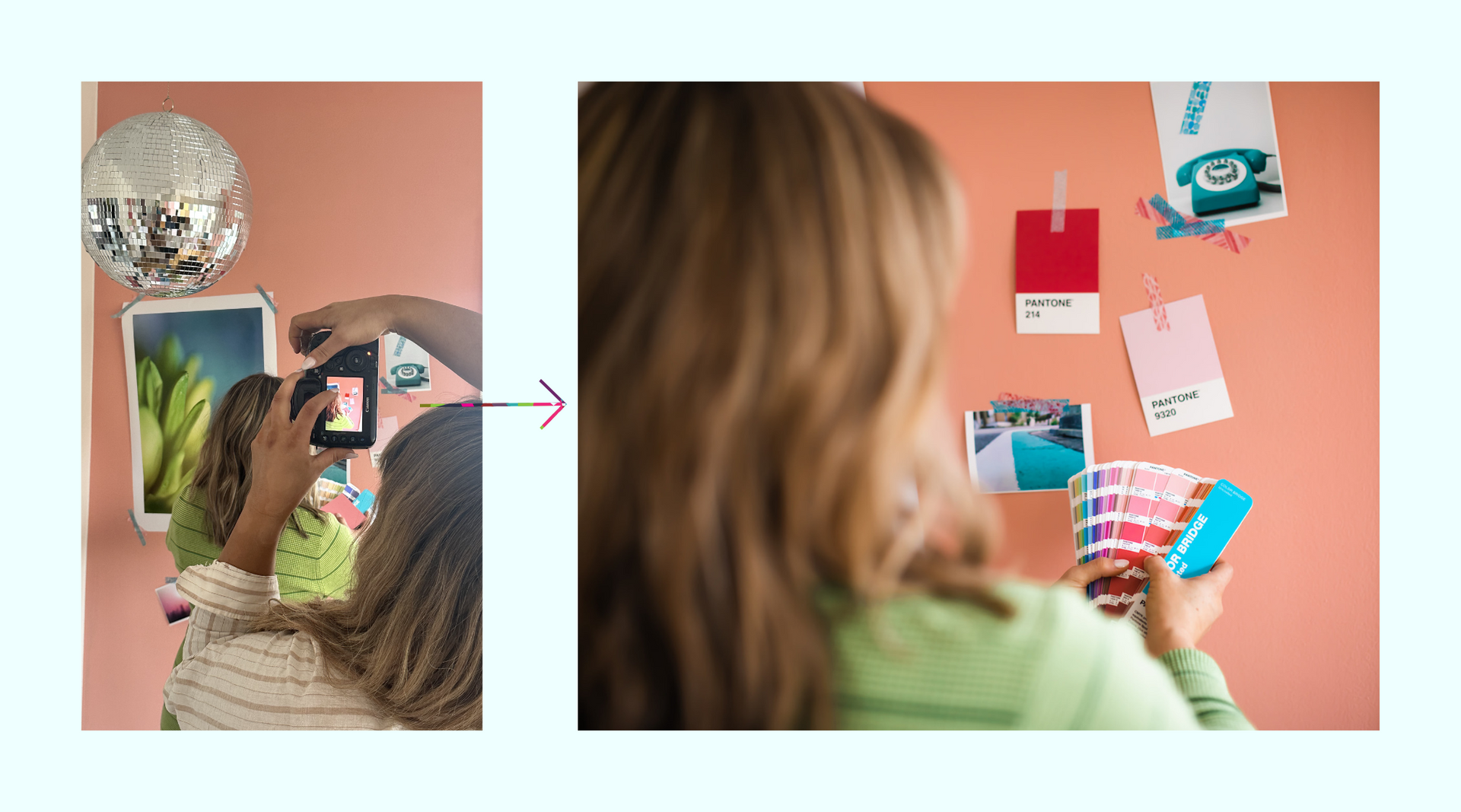 A woman is taking a picture of a disco ball and a woman is looking at a color palette.