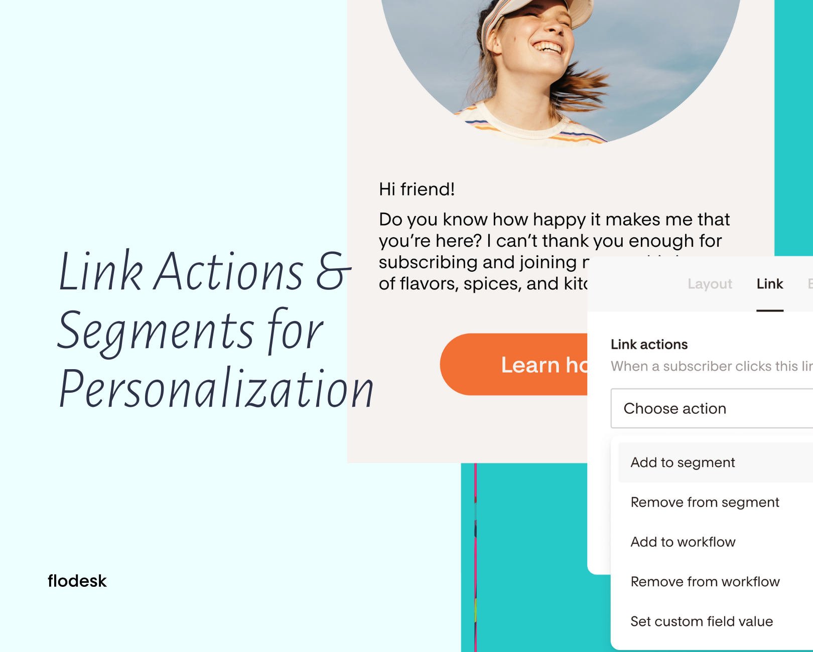 A screenshot of a website showing link actions and segments for personalization.