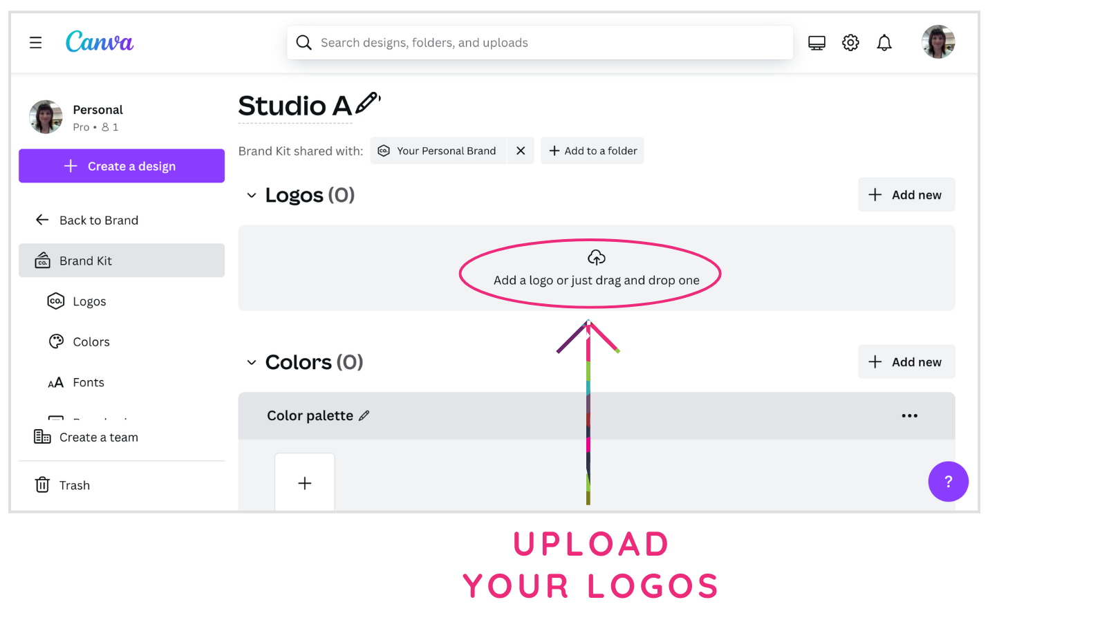 A screenshot of canva that says upload your logos