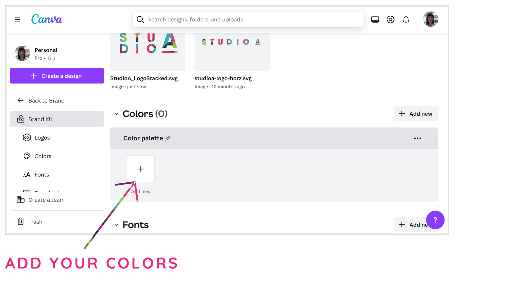 A screenshot of canva that says add your colors