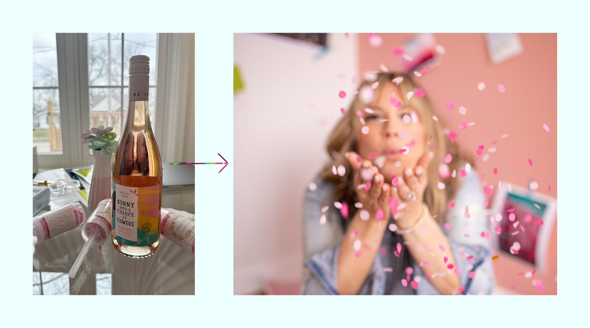 A woman is blowing confetti from her hands next to a bottle of wine.