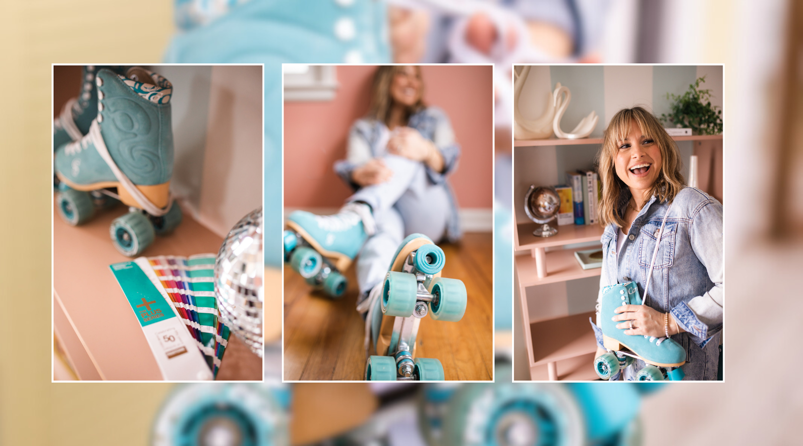 A collage of three photos of a woman wearing roller skates.