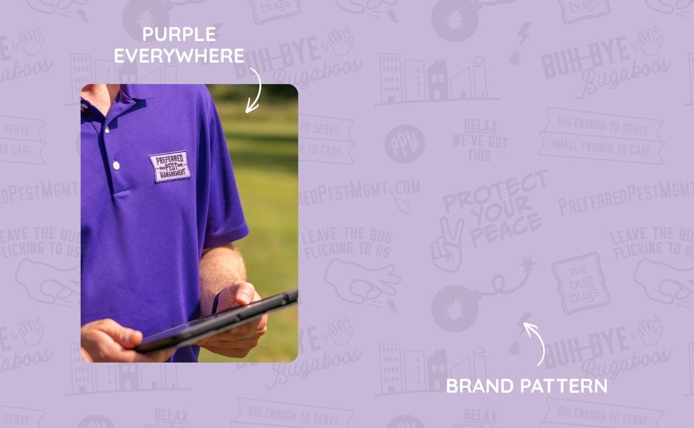 A person in a purple polo shirt holds a tablet against a branded purple background with line-art icons and text.