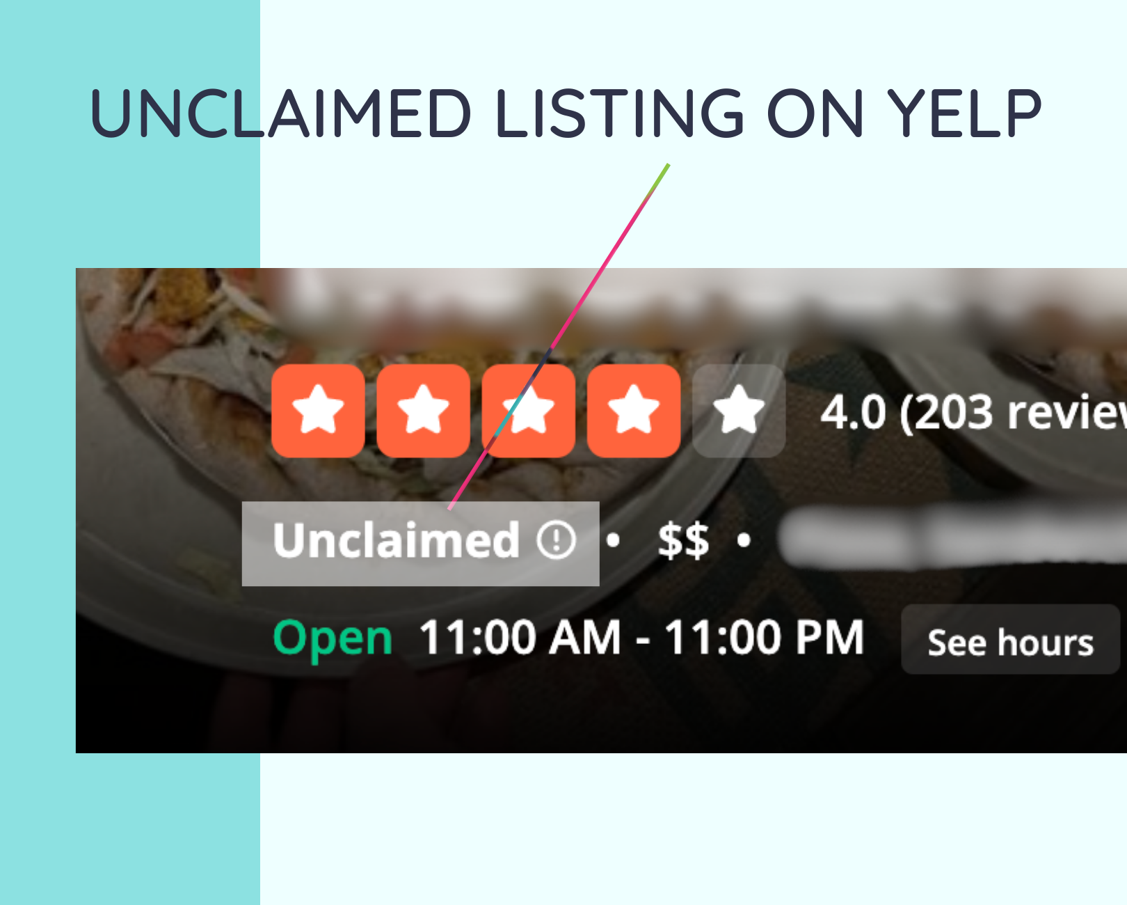 An unclaimed listing on yelp is open 11:00 am - 11:00 pm