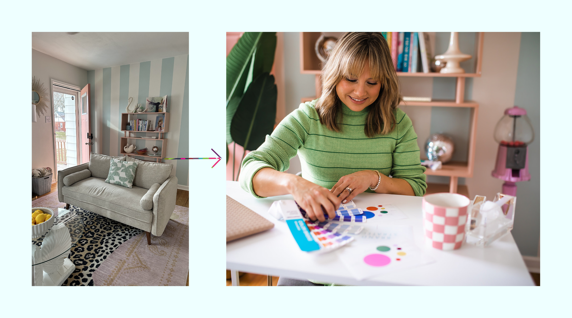 A woman is sitting at a table painting a picture of a living room.