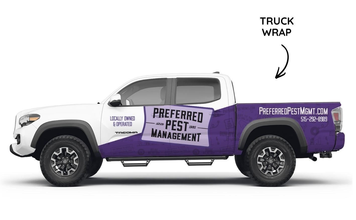A white pickup truck with a purple 