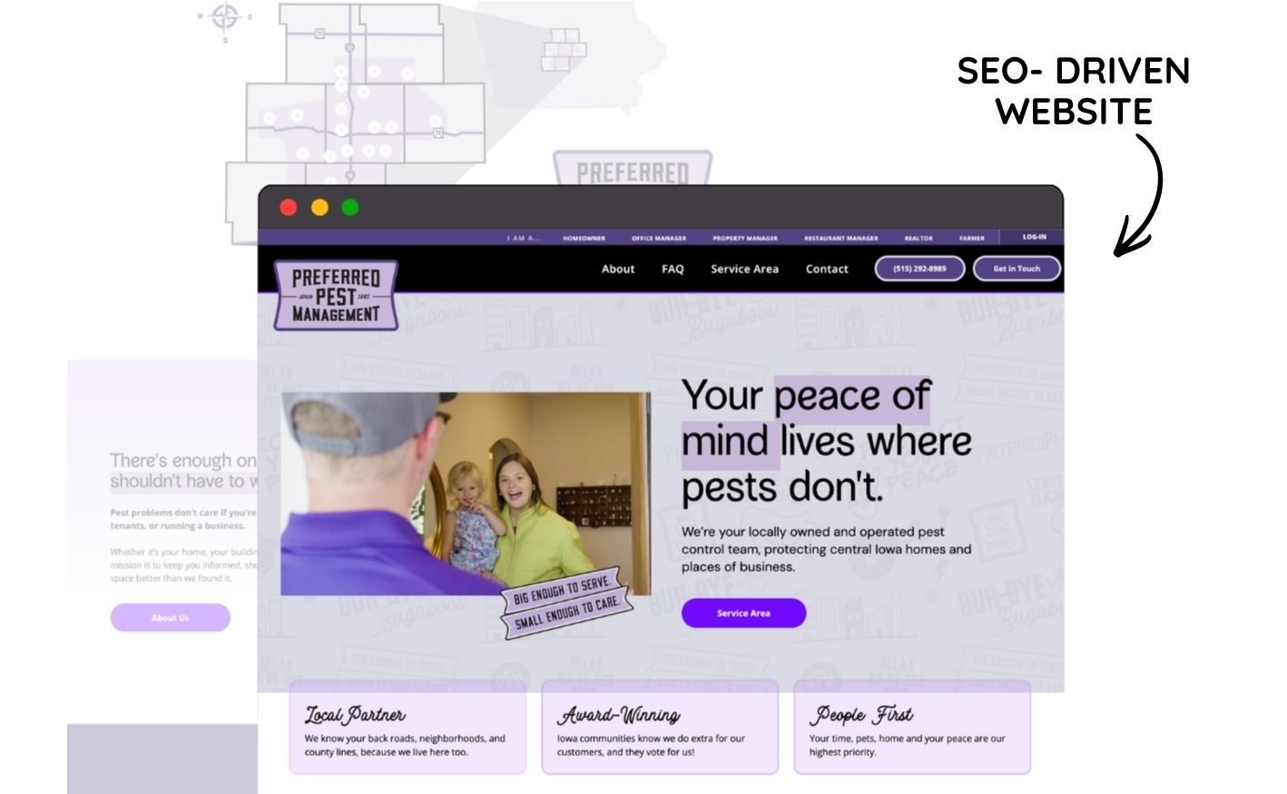 A computer browser window displaying the Pest Pros Management website, featuring the headline 