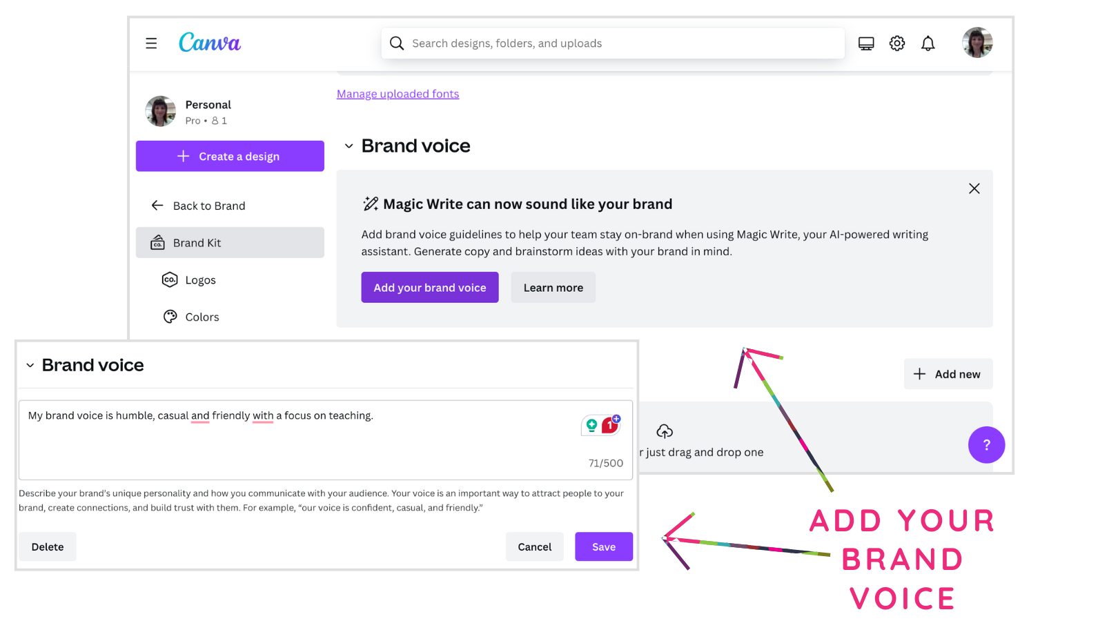 A screenshot of canva that says add your brand voice