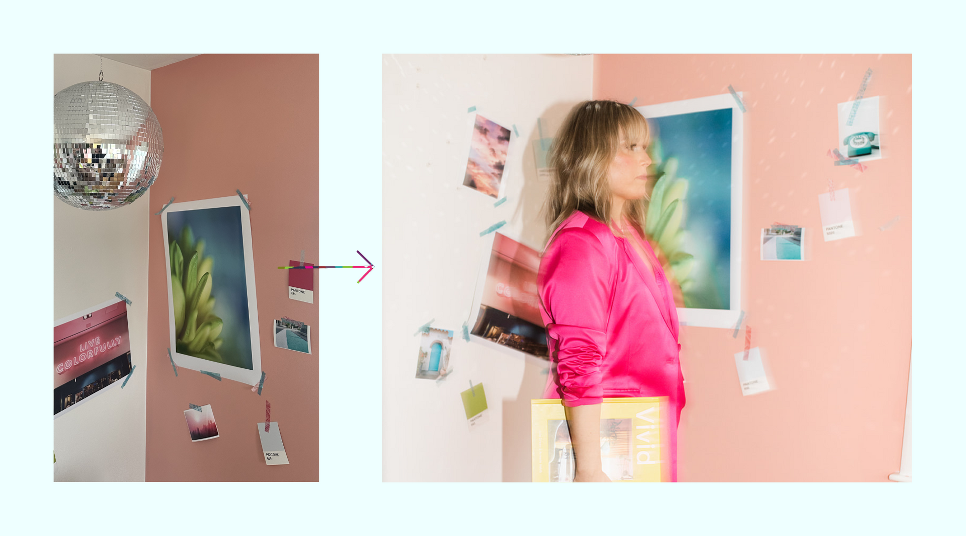 A woman in a pink jacket is standing in front of a pink wall.