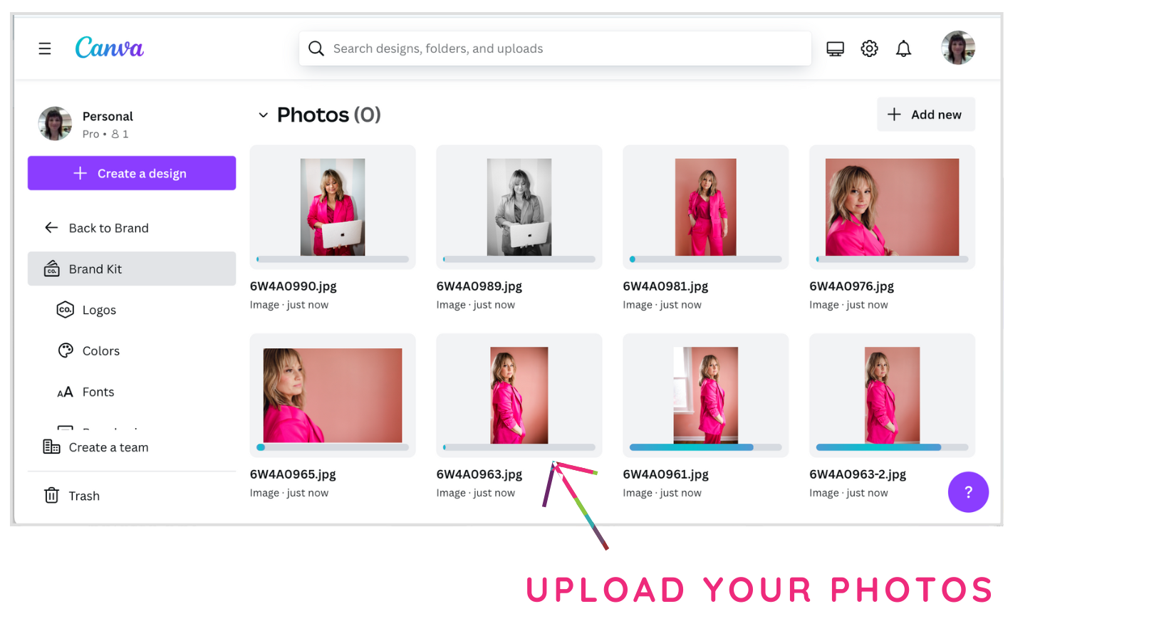 A screenshot of canva that says upload your photos