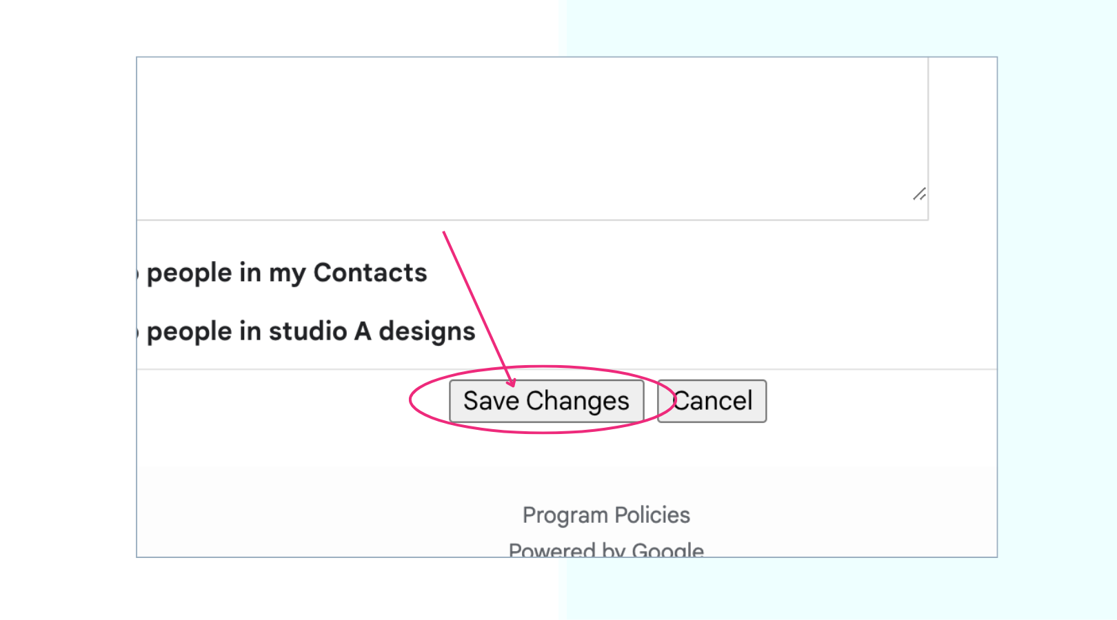 A screenshot of a website that says people in my contacts and save changes
