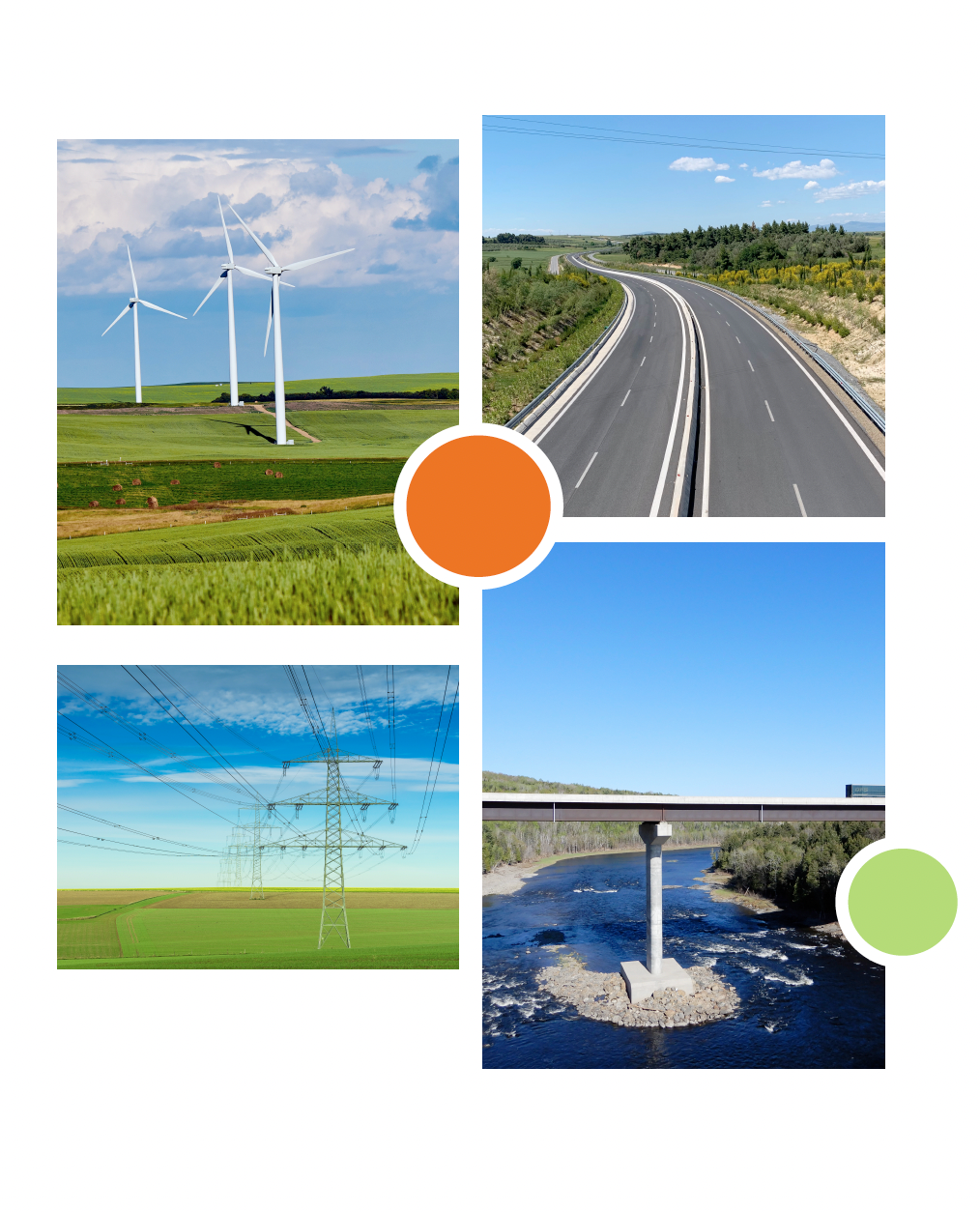 A collage of four pictures of windmills , roads , power lines , and a river.