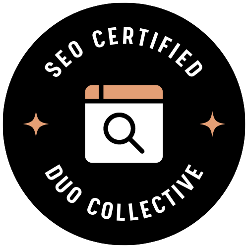 A seo certified duo collective logo with a magnifying glass icon.