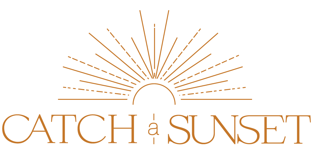 A logo for catch a sunset with a sunset in the background.