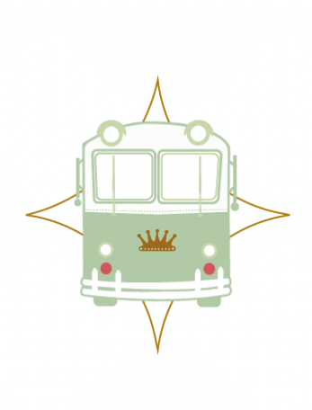 A green and white bus with a crown on the front