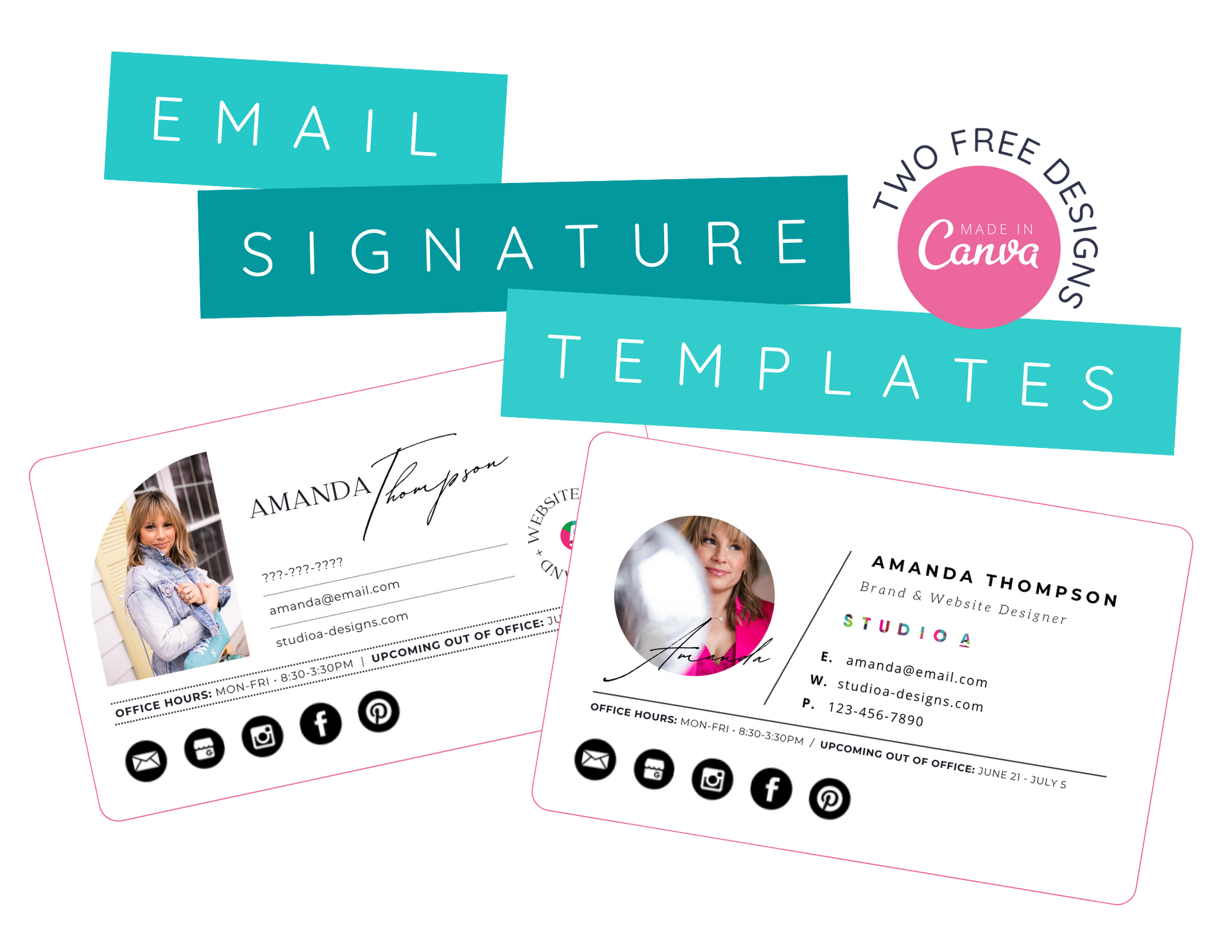 A set of email signature templates with a picture of a woman on them