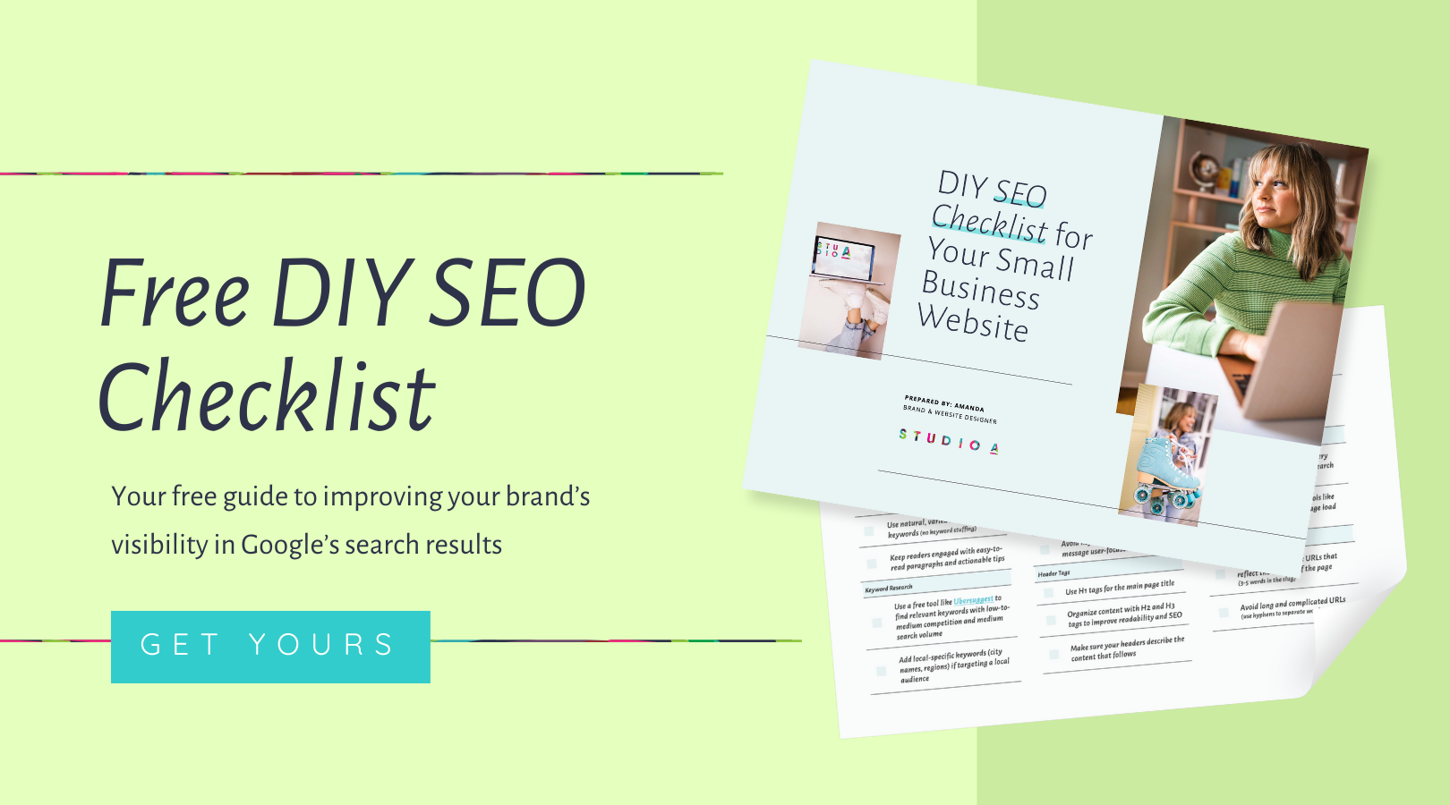 A free diy seo checklist with a picture of a woman sitting at a desk with a laptop.