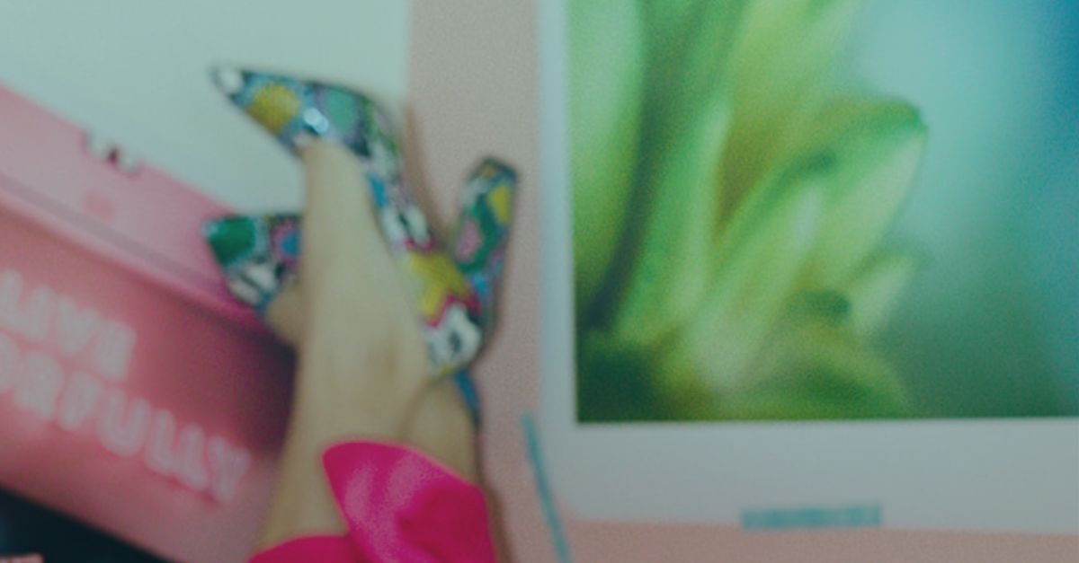 A pair of patterned high-heeled shoes resting against a wall next to a pink container and a picture of green plants.