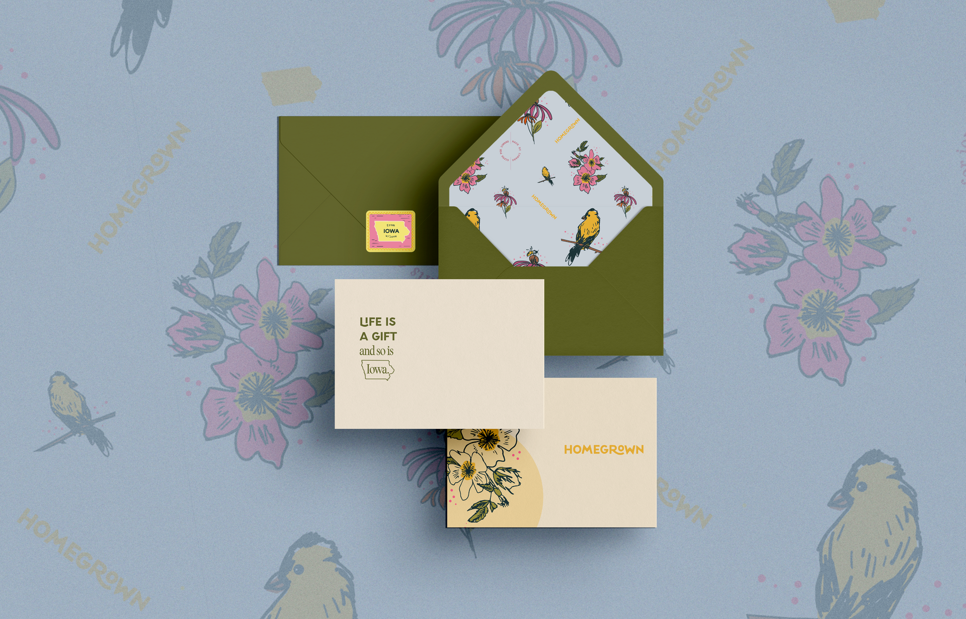 A mockup of a business card and envelope on a floral background